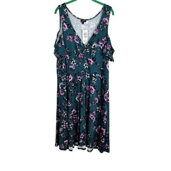 Torrid Dress 22 Green Midi Floral Cold Shoulder Feminine Tropical Retro Boho 80s - Picture 1 of 15